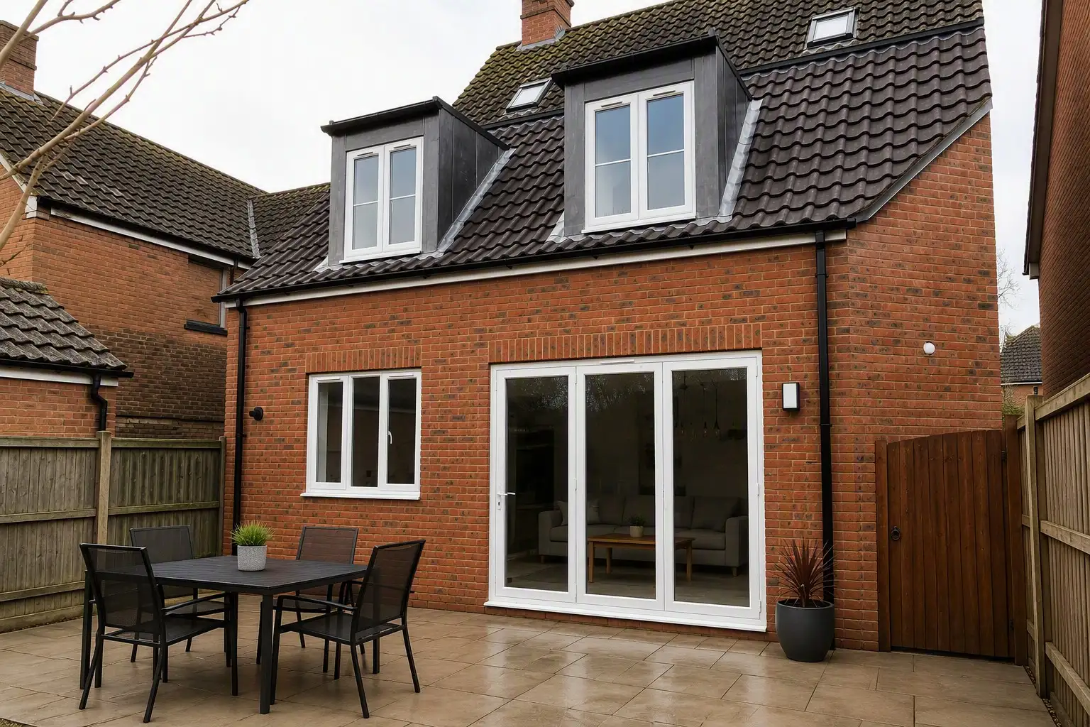 Brick rear extension with dormers and a patio